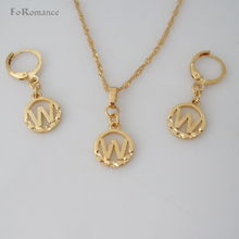 FoRomance- HIGH QUALITY GOLD GP 26 LETTERS INITIALS FROM U TO  Z CIRCLE STAR CARVED PENDANT 18" WATER WAVE NECKLACE EARRING SET 2024 - buy cheap