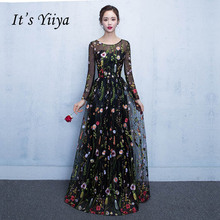 It's YiiYa New Black Floral Long Sleeves Illusion Appliques Elegant Zipper Party Formal Dress Floor Length Evening Dresses LX102 2024 - buy cheap