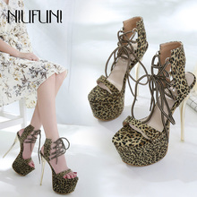 Luxurious Platform Sandals Thin High Heels Shoes Leopard Printed Open Toe Party Shoes Cross Tied Wedding Shoes Size 34-40 2024 - buy cheap