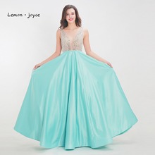 Lemon joyce Elegant Long Prom Dresses 2020 Tulle Crystals Beading Lace Up A-Line Satin Evening Dress Party Ball Gowns Plus Size 2024 - buy cheap