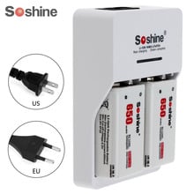 Soshine bateria recarregável 2 peças, 650mah 9v 6f22 + bateria inteligente de íon-lítio ni-mh carregador com indicador led 2024 - compre barato