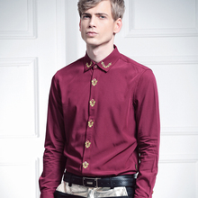 Free Shipping New Man's male party autumn fashion casual long-sleeve slim Embroidery wine red 512012 shirt 5XL Bamboo fiber 2024 - buy cheap