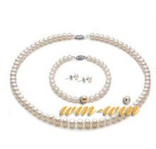 HOT SAMPLE 7-8MM Size Real Freshwater Pearl Jewelry Set, Fashion Necklace Bracelet Earrings Set for Beautiful Bride Charm Women 2024 - buy cheap