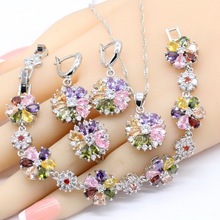 Multicolor Folwer Shape Bracelet Earrings Necklace Pendant Rings Silver Color Color Jewelry Sets For Women 2024 - buy cheap