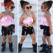 R&Z 2018 Girls Set Summer European and American Style Strapless Strap Tops Denim Shorts Two-Piece Set 2024 - buy cheap