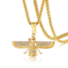 Hip Hop Rhinestone Paved Bling Iced Out Iran Faravahar Ahura Mazda Zoroastrian Pendant Necklace Gold Stainless Steel Men Jewelry 2024 - buy cheap