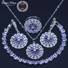 Women Fashion silver color Jewelry Sets Lovely purple And White CZ Crystal Daisy Flower Necklace Bracelets Set 2024 - buy cheap
