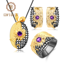 GEM'S BALLET Real 925 Sterling Silver Gold Sun Flower Gemstone Jewelry Set Natural Amethyst Ring Earrings Pendant Sets For Women 2024 - buy cheap