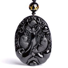 Drop Shipping Natural Black A Obsidian Double fish Lotus Pendant Necklace Crystal Necklace For Women Men Fine Jewelry 2024 - buy cheap