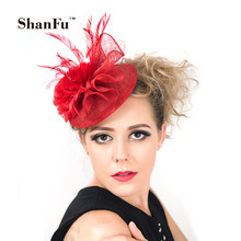 Женщины шанфу маленький пиллбокс шляпа перо вуалетки шифон цветок повязка с вуалью аксессуары для волос для свадьбы чай PartyC02062 2024 - купить недорого