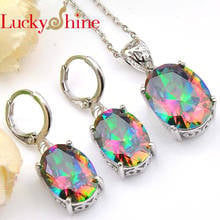 Luckyshine Holiday Gift Oval Fire Mystic Rainbow Crystal Cubic Zirconia 925 Silver Pendants Necklaces Drop Earrings Jewelry Sets 2024 - buy cheap