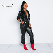 Winter Thicken Long Sleeve Faux Leather Belt Jumpsuit Women Turn Down Collar Pu Leather Jumpsuit Bodycon Front Zipper Jumpsuit 2024 - buy cheap