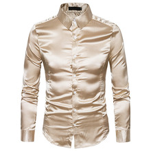 Camisa de cetim homens lisas, camisa social slim fit casual dourada brilhante para casamento 2024 - compre barato