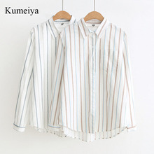 Kumeiya camisa de escritório feminina listrada, camisa de manga comprida 100% algodão, camisa feminina casual solta, tops blusas novas 2024 - compre barato