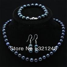 Free shipping natural 7-8mm black freshwater cultured pearl round beads necklace bracelet earrings 1 Sets 18" & 7.5" GE1093 2024 - buy cheap