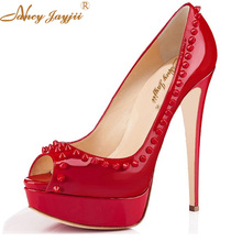 Zapatos de tacón alto con remaches rojos para mujer, calzado de charol con superplataforma, Punta abierta, para noche y boda, fetiche, 13 talla 46 2024 - compra barato