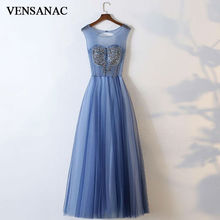 VENSANAC New A Line 2018 Sequined O Neck Draped Long Evening Dresses Sleeveless Elegant Lace Tank Party Prom Gowns 2024 - buy cheap