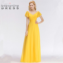 Vestido de Festa Sexy V Back Yellow Long Evening Dress Elegant Short Sleeve Chiffon Evening Gown Robe De Soiree Longue 2024 - buy cheap