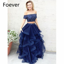 Navy Blue 2019 Two Pieces Gown A-Line Evening Dresses Organza Ruffles Beaded Prom Dresses Long Formal Evening Dress for women 2024 - buy cheap