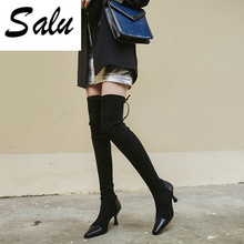 Salu 2020  Genuine leather over the knee boots Genuine leather for women shoes woman pointed toe slip on Stretch socks boots 2024 - buy cheap