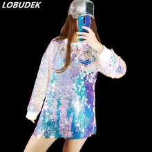 Women Colorful Sequins Long Sleeve T-Shirt O-neck Sequined Loose Long Tops Jazz HIP HIP Dancer Costume Dance Stage Wear T-shirts 2024 - buy cheap