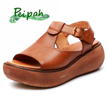 Peipah sandálias femininas de couro legítimo, feitas à mão, casual, dedo aberto, sólido, fundo grosso, 2019 2024 - compre barato
