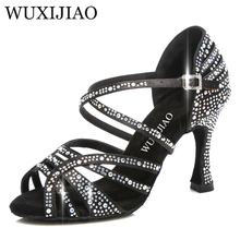 Wuxijiao-sapatos de dança feminino, novo sapato laser de cetim com strass strass, salto alto 9cm, para festa de salão, salsa, bronze, câmera 2024 - compre barato