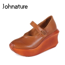 Johnature primavera/outono de 2019 novo couro genuíno casual round toe fivela cinta med totem mulher sapatos bombas 2024 - compre barato