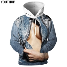 YOUTHUP 2020 3D толстовки мужские креативные толстовки с капюшоном 3d поддельный джинсовый принт Косплей забавные толстовки мужские 3d Пуловеры уличная одежда 5XL 2024 - купить недорого