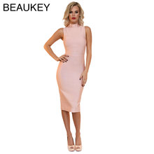 Pink High Neck Sleeveless Rayon 2016 New Fashion  Midi Sexy Women Dresses Bodycon Dress 2024 - buy cheap