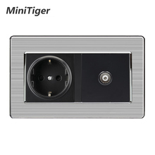 Minitiger 16A Russia Spain EU Standard Power Socket Grounded With Female TV Jack Stainless Steel Brushed Panel Wall Outlet 2024 - buy cheap
