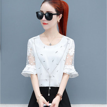 Simple Style Women Spring Summer Chiffon Blouses Shirts Lady Casual Mesh Patchwork Flare Sleeve O-Neck Blusas Tops DF1707 2024 - buy cheap
