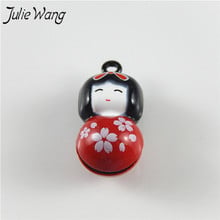 Julie Wang 5pcs Lovely Mini Japanese Doll in Kimono Dress Enamel Alloy Bell Charms Handmade Wind Chimes Bracelet Anklet Findings 2024 - buy cheap