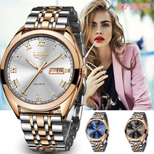 Lige novo relógio de pulso feminino ouro rose, a quartzo, marca de luxo, relógio de pulso para mulher + caixa 2024 - compre barato