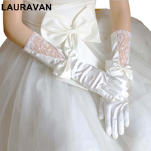 Luva de noiva-guantes largos de encaje satinado con lazo, guantes de novia con dedo, color blanco marfil, accesorios de boda, gants de mariee 2024 - compra barato