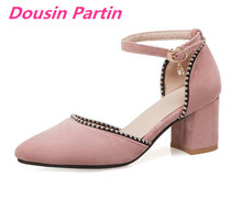 Dousin Partin Women Shoes Square High Heel PU Leather Hollow Pointed Toe Rhinestone Two-piece Buckle Fashion Women Pumps 2024 - buy cheap