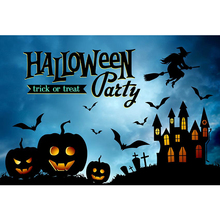 Fondo de fotos de Halloween feliz para niños, estampado de cielo azul, murciélagos, castillo, linternas de calabaza, Fondo de fotografía para fiesta 2024 - compra barato