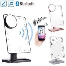 Bluetooth динамик LED зеркало для макияжа Смарт музыкальный 20 огней сенсорный экран Регулируемый косметическое зеркало для макияжа с лупой 10x 2024 - купить недорого