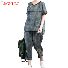 Summer 2018 Luxury Korean Girls Jeans Streetwear Women Two Pieces Set Denim Tops Tracksuit Woman Outfits Clothes Roupas A746 2024 - buy cheap
