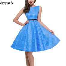 Vestido Rockabilly de punto impreso para mujer, vestido de verano de vestido de Audrey Hepburn azul, Swing Vintage de los años 50 y 60, con cinturón, 2018 2024 - compra barato