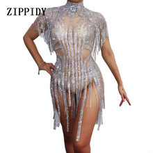 Sparkly Silver Rhinestones Outfit Women Birthday Celebrate Costume Female Singer Bling Tassel Bodysuit Performance Dance Wear 2024 - buy cheap