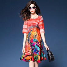 High Quality Silk Women Dress Spring Summer O-Neck Novelty Floral Print Dresses Casual Mid-Calf Vestidos Mujer Plus Size 2019 2024 - buy cheap