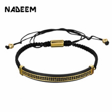 2019 New Luxury Black CZ Zircon Long Tubes Moon Charm Copper Beads Brading Macrame Men Bracelet & Bangles For Women Men Jewelry 2024 - buy cheap