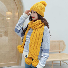 Fashion 2Pcs Knitted Hat And Scarf Women's Girl Winter Hat Scarf Suit Edition Of Pure Color Wool Hat Ball Keep Warm Knit Cap 2024 - buy cheap