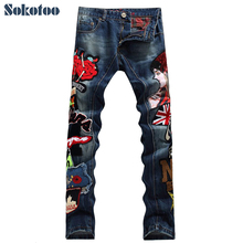 Sokotoo Men's fashion beauty girl English flag denim jeans Male casual appliques straight pants Slim long trousers Free shipping 2024 - buy cheap