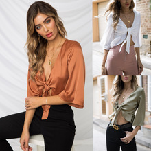 Women Sexy V Neck Blouse Summer Elegant Silk Crop Tops Half Flared Sleeves Ruffles Bowknot Shirt Female Vacation Club Stain Tops 2024 - buy cheap