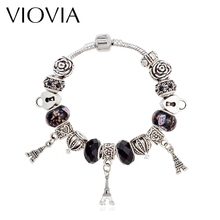 VIOVIA New Arrival Free Shipping Paris Tower Charms Beads Bracelet For Women Fit Fashion Jewelry With Black Flower Beads B15383 2024 - buy cheap