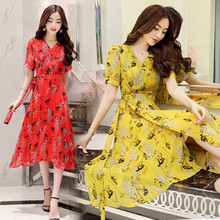 2020 NEW Floral Print Women Dress Summer Boho Chiffon Dresses elegant V neck ruffle hem vintage party Dress vestidos v536 2024 - buy cheap