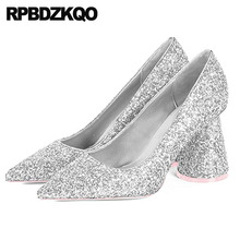 2021 Size 4 34 Sparkling Sequin Chunky Women Silver Prom Pointed Toe Pumps Dress High Heels Glitter 3 Inch Pink Wedding Shoes 2024 - buy cheap