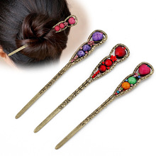 F&U Vintage Hair Stick Colorful Rhinestone And Resin Decoration Chopstick Shape Antique Bronze Plated Hairpins Fashion For Women 2024 - buy cheap